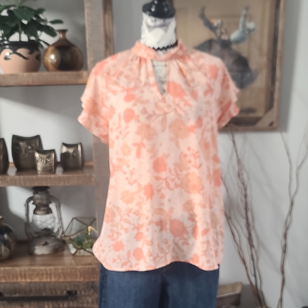 Pleione Peach Floral Keyhole Neck Blouse